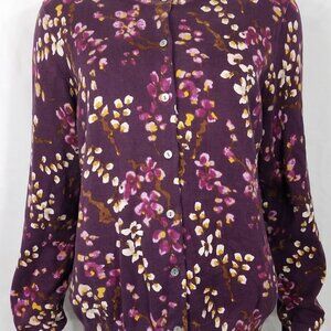 Lands' End purple yellow floral mother of pearl button up cardigan ladies Large